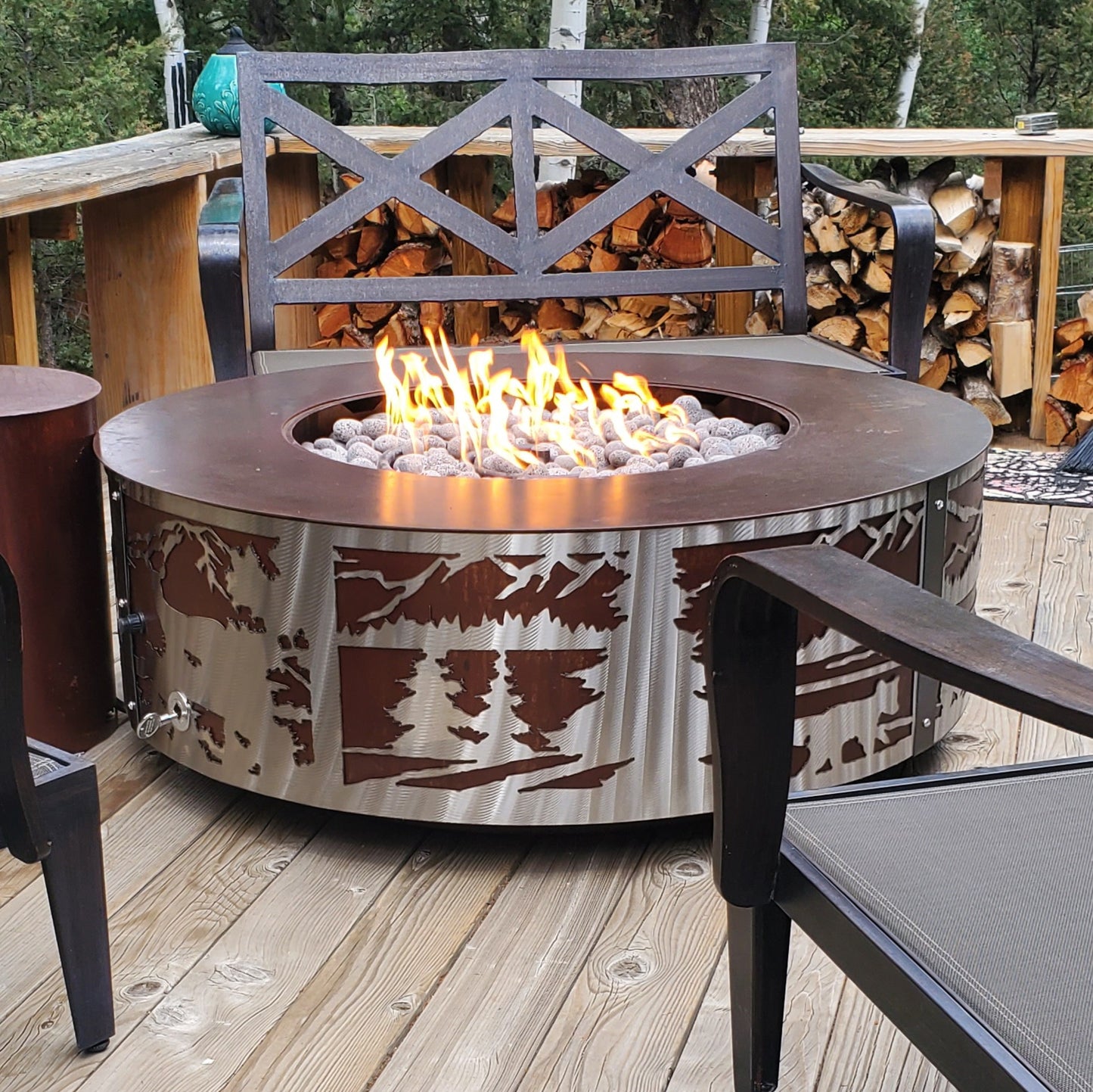 48in Bear and cubs mountain scene Firepit ( Oxidized Steel & Stainless Steel )