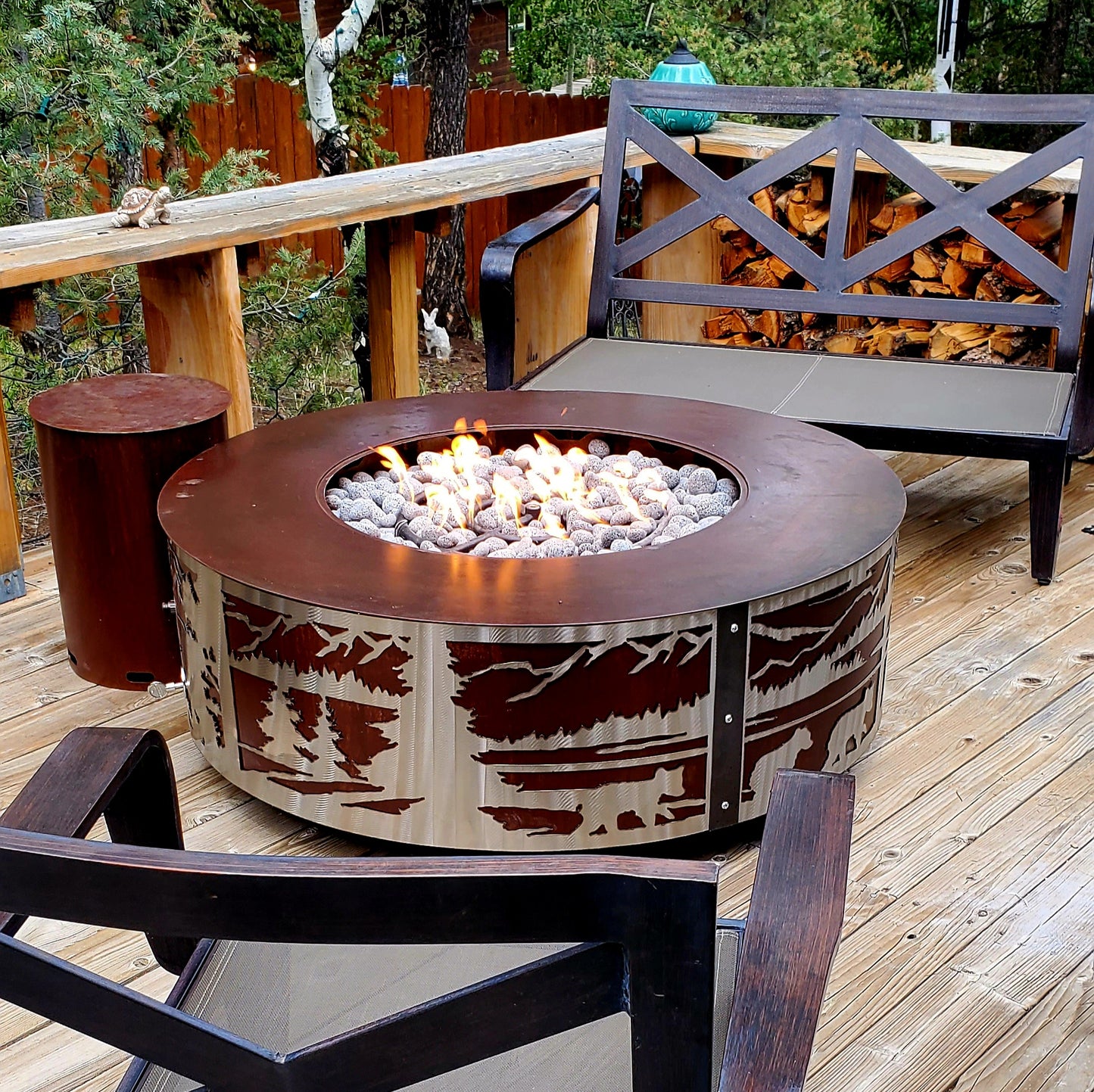 48in Bear and cubs mountain scene Firepit ( Oxidized Steel & Stainless Steel )