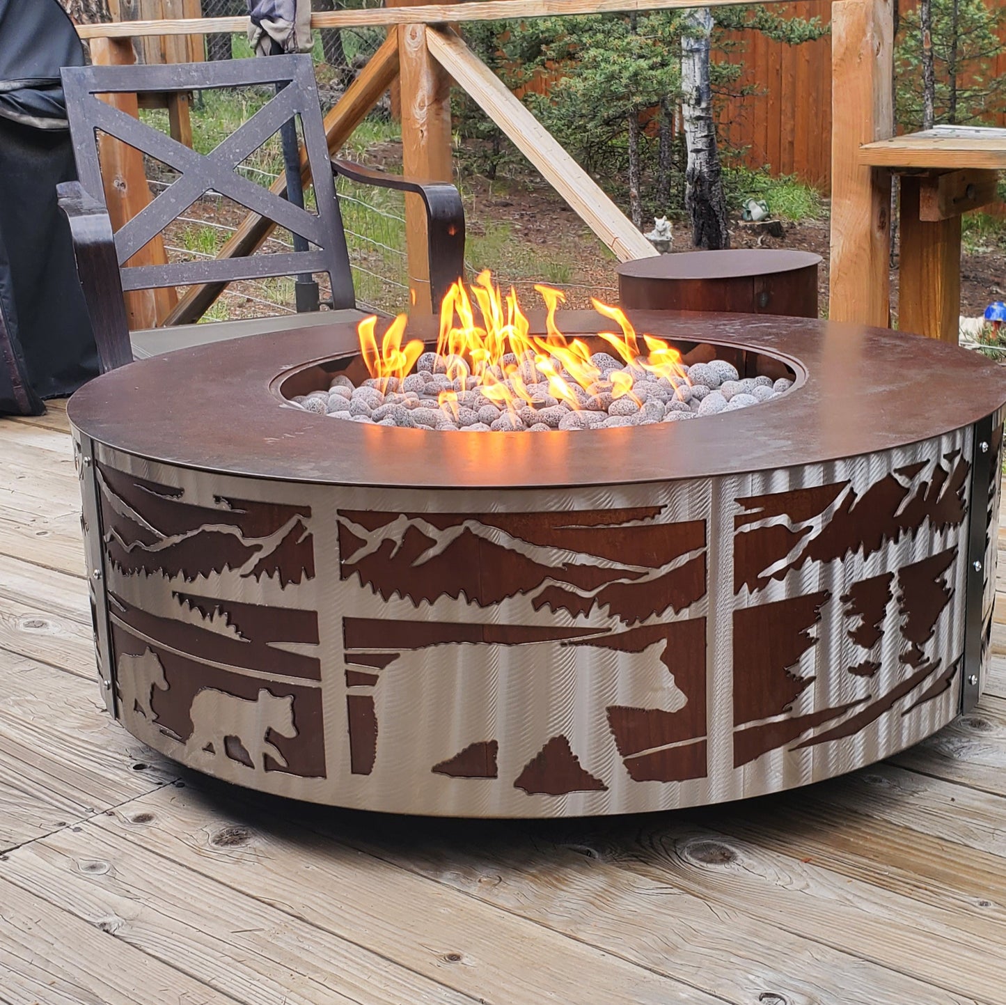 48in Bear and cubs mountain scene Firepit ( Oxidized Steel & Stainless Steel )