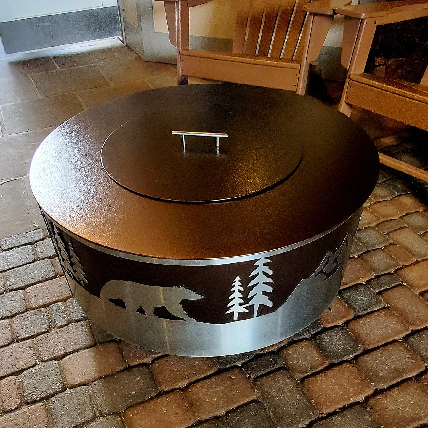 36in Black Bear in Mountains Firepit ( Copper Vane & Stainless Steel )